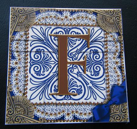 Vintage Blue F Monogram All 4 Corner Stacker Card Front by Charlie Angel