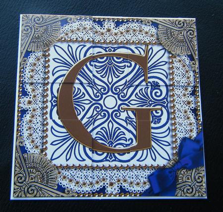 Vintage Blue g Monogram All 4 Corner Stacker Card Front by Charlie Angel