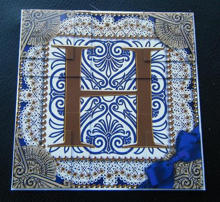 Vintage Blue H Monogram All 4 Corner Stacker Card Front by Charlie Angel