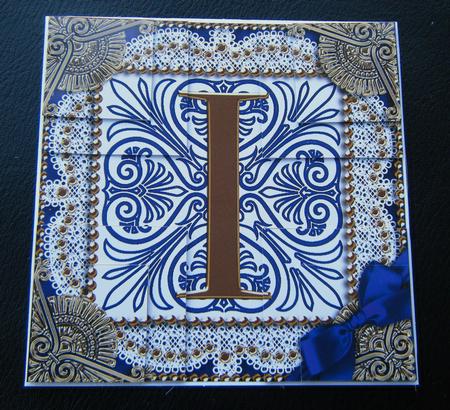 Vintage Blue I Monogram All 4 Corner Stacker Card Front by Charlie Angel