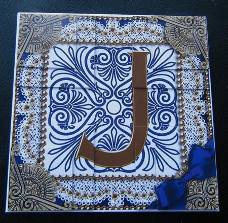 Vintage Blue J Monogram All 4 Corner Stacker Card Front by Charlie Angel