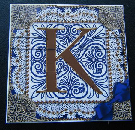 Vintage Blue K Monogram All 4 Corner Stacker Card Front by Charlie Angel