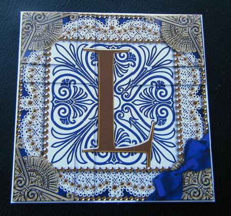 Vintage Blue L Monogram All 4 Corner Stacker Card Front by Charlie Angel