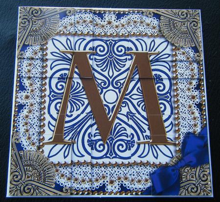 Vintage Blue m Monogram All 4 Corner Stacker Card Front by Charlie Angel