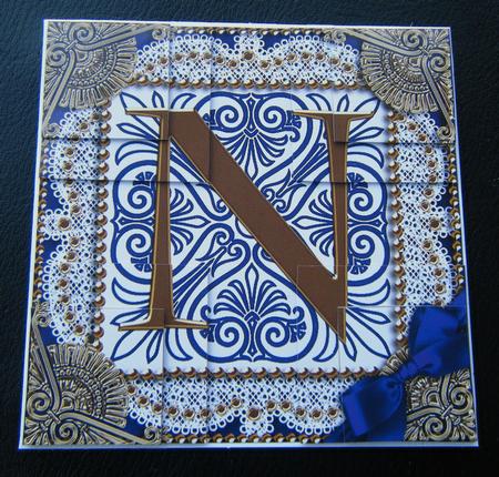 Vintage Blue N Monogram All 4 Corner Stacker Card Front by Charlie Angel