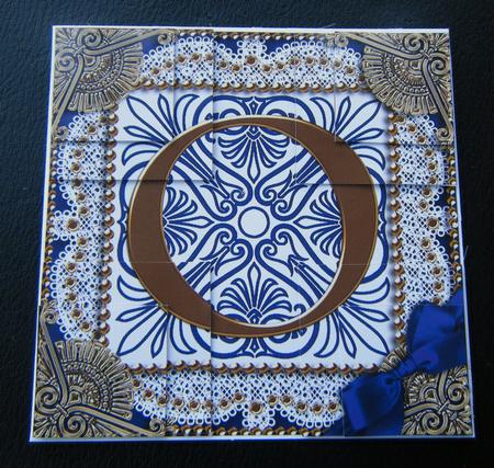 Vintage Blue O Monogram All 4 Corner Stacker Card Front by Charlie Angel