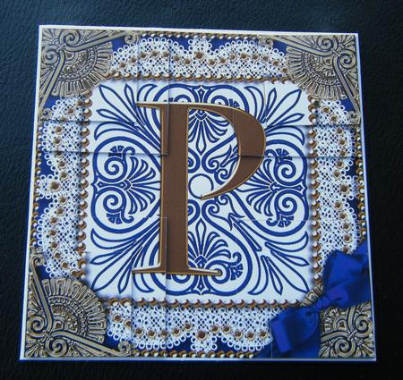 Vintage Blue P Monogram All 4 Corner Stacker Card Front by Charlie Angel