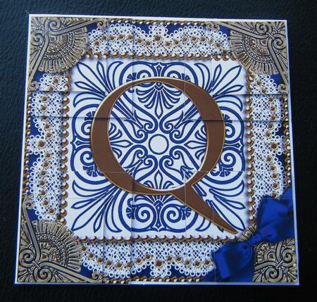 Vintage Blue Q Monogram All 4 Corner Stacker Card Front by Charlie Angel