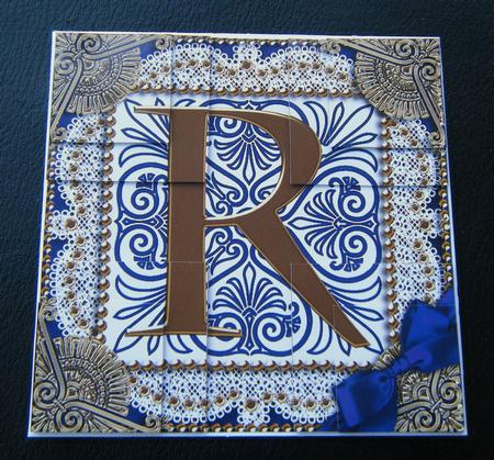 Vintage Blue R Monogram All 4 Corner Stacker Card Front by Charlie Angel