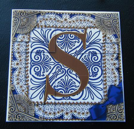 Vintage Blue S Monogram All 4 Corner Stacker Card Front by Charlie Angel