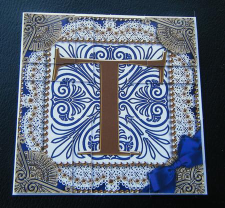 Vintage Blue T Monogram All 4 Corner Stacker Card Front by Charlie Angel