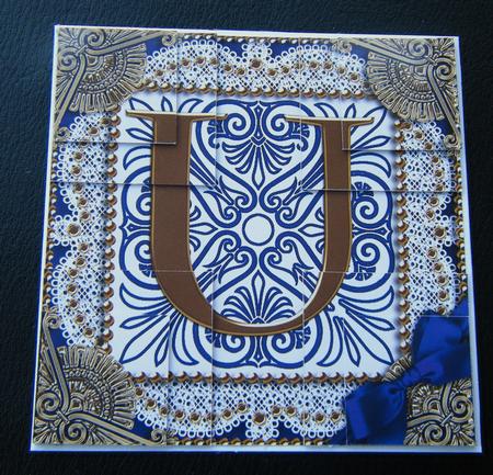 Vintage Blue U Monogram All 4 Corner Stacker Card Front by Charlie Angel