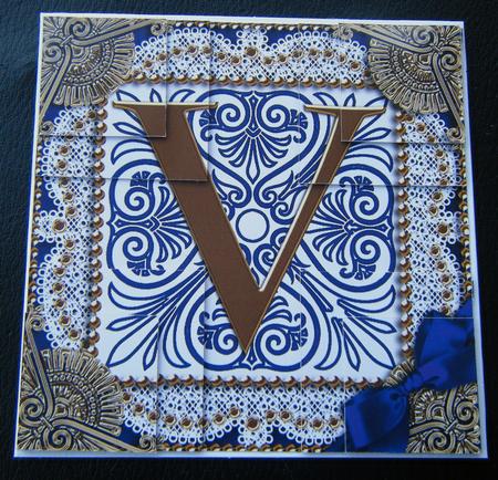 Vintage Blue V Monogram All 4 Corner Stacker Card Front by Charlie Angel