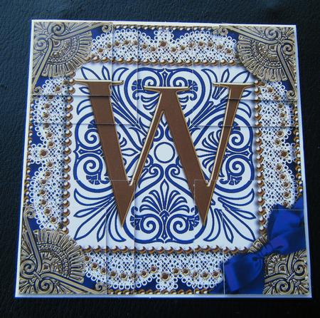 Vintage Blue W Monogram All 4 Corner Stacker Card Front by Charlie Angel