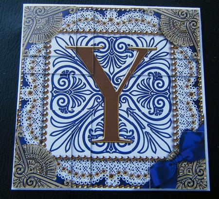 Vintage Blue Y Monogram All 4 Corner Stacker Card Front by Charlie Angel