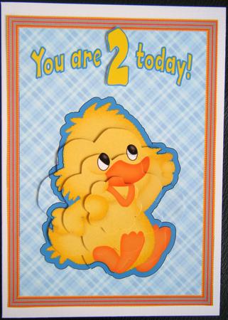 Quackie Duck Age Card Front with Petal Pyramage by Charlie Angel