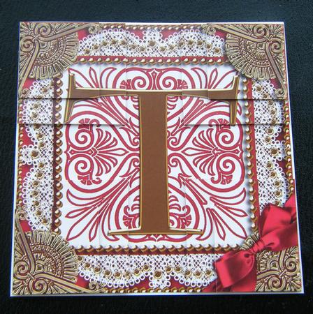 Vintage Red T Monogram All 4 Corner Stacker Card Front by Charlie Angel