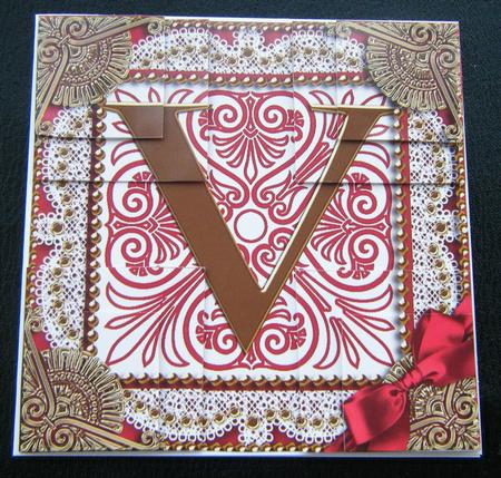 Vintage Red V Monogram All 4 Corner Stacker Card Front by Charlie Angel