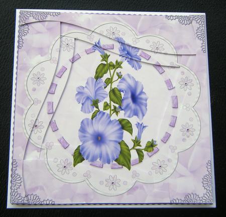 Pretty Purple Flowers on Lace Wavy Edged Spiral Stacker Card by Charlie Angel
