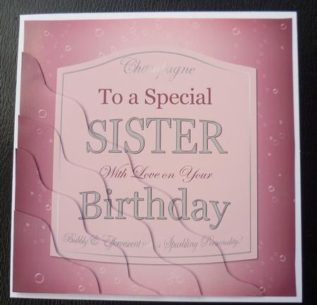 Sister Birthday Pink Champers Label Wavy Corner Side Stacker by Charlie Angel
