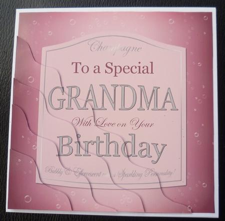 Grandma Birthday Pink Champers Label Wavy Corner Stacker by Charlie Angel