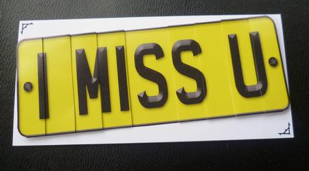 I Miss You Novelty Number Plate with Side Stacker by Charlie Angel