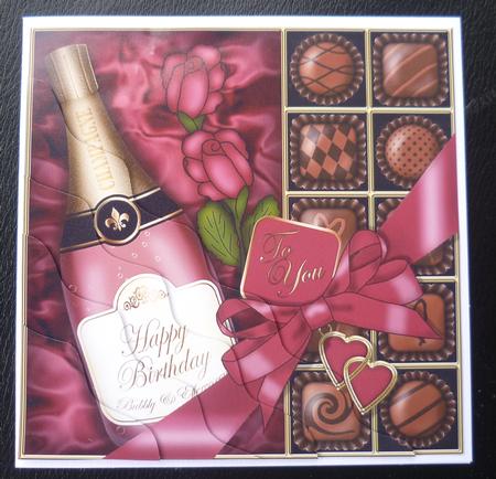 Birthday Champers Chocs N Roses Wavy Corner Topper by Charlie Angel