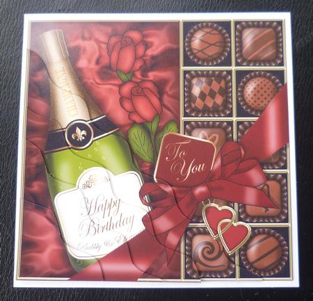 Birthday Champers Chocs N Roses Wavy Corner Topper by Charlie Angel