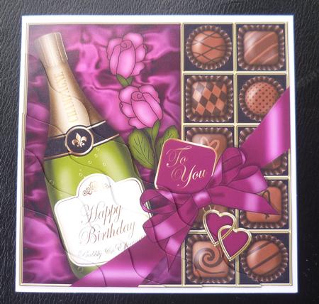 Birthday Champers Chocs N Roses Wavy Corner Topper by Charlie Angel