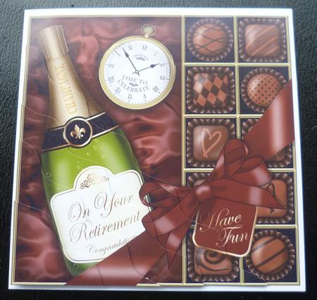 Retirement Champers N Chocs Wavy Corner Side Stacker Topper by Charlie Angel