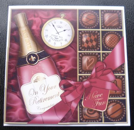 Retirement Champers N Chocs Wavy Corner Side Stacker Topper by Charlie Angel