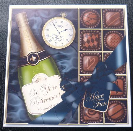 Retirement Champers N Chocs Wavy Corner Side Stacker Topper by Charlie Angel