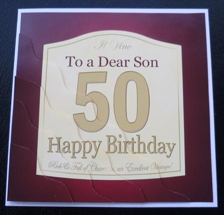 50th Birthday Son Wine Label Wavy Corner Side Stacker Topper by Charlie Angel