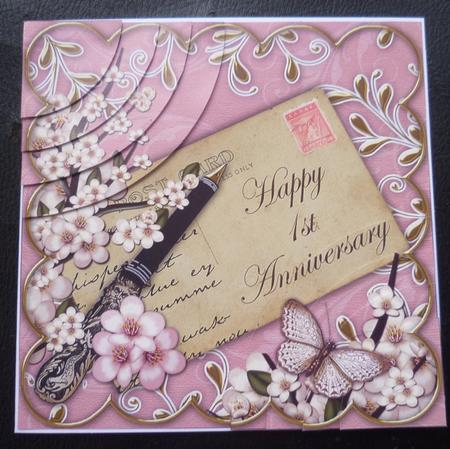 Pink Blossom Happy 1st Anniversary 6in Duo Corner Stacker by Charlie Angel