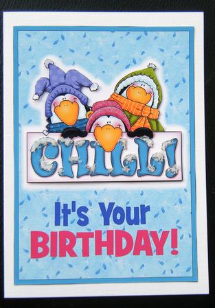 Chilled-out Penguins - Birthday Card Front with Decoupage by Charlie Angel