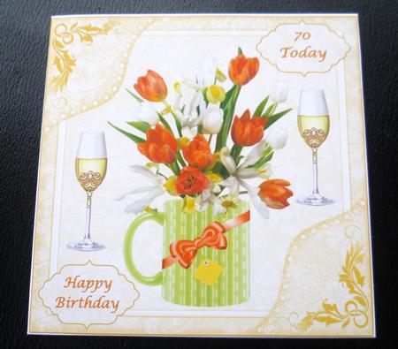 8x8ins Floral 60-70 Birthday Decoupage Card Front by Charlie Angel