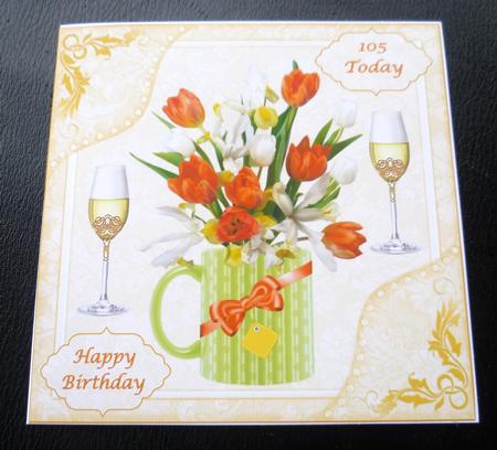 8x8ins Floral 100-105 Birthday Decoupage Card Front by Charlie Angel