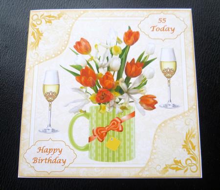 8x8ins Floral 45-55 Birthday Decoupage Card Front by Charlie Angel