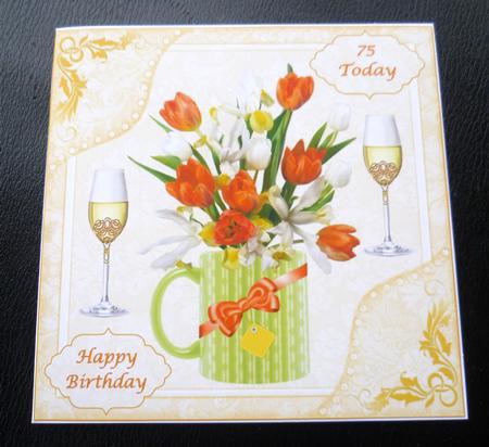 8x8ins Floral 65-75 Birthday Decoupage Card Front by Charlie Angel
