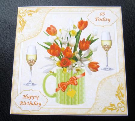 8x8ins Floral 85-95 Birthday Decoupage Card Front by Charlie Angel