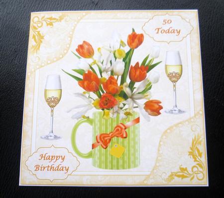 8x8ins Floral 40-50 Birthday Decoupage Card Front by Charlie Angel