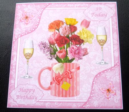 8x8ins Pink Flowers 20-30 Birthday Decoupage Card Front by Charlie Angel