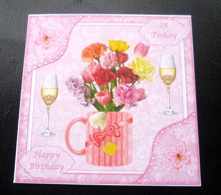 8x8ins Pink Flowers 25-35 Birthday Decoupage Card Front by Charlie Angel