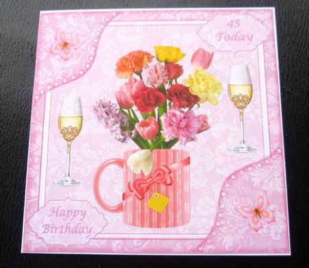 8x8ins Pink Flowers 45-55 Birthday Decoupage Card Front by Charlie Angel
