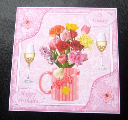 8x8ins Pink Flowers 65-75 Birthday Decoupage Card Front by Charlie Angel