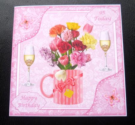 8x8ins Pink Flowers 85-95 Birthday Decoupage Card Front by Charlie Angel