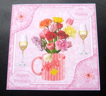 8x8ins Pink Flowers 60-70 Birthday Decoupage Card Front by Charlie Angel