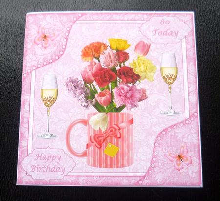 8x8ins Pink Flowers 80-90 Birthday Decoupage Card Front by Charlie Angel