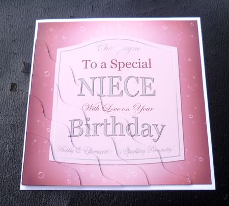 Niece Birthday Pink Champers Label Wavy Corner by Charlie Angel