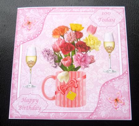 8x8ins Pink Flowers 100-105 Birthday Decoupage Card Front by Charlie Angel
